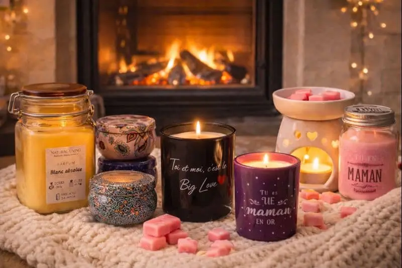 Bougies parfumées, fondants et brûleur créant une ambiance cosy près d’un foyer, disponibles dans notre boutique à Tournai